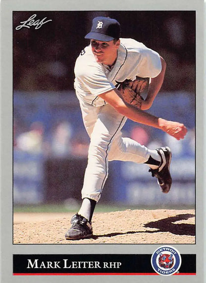Mark Leiter delivering a pitch in a white Detroit Tigers uniform on a baseball card
