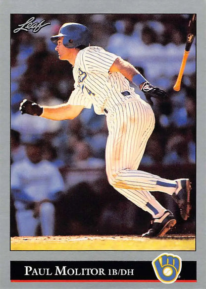 Milwaukee Brewers Baseball Card of Paul Molitor in Pinstriped Uniform Swinging