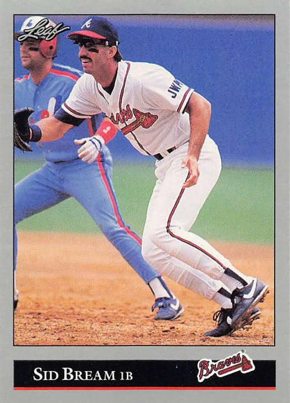 Baseball card of Sid Bream in white uniform, Atlanta Braves leading off base