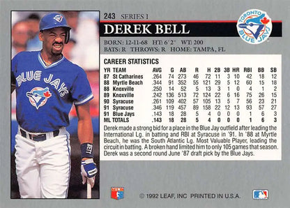 1992 Leaf #243 Derek Bell Baseball Card featuring Toronto Blue Jays player in blue uniform