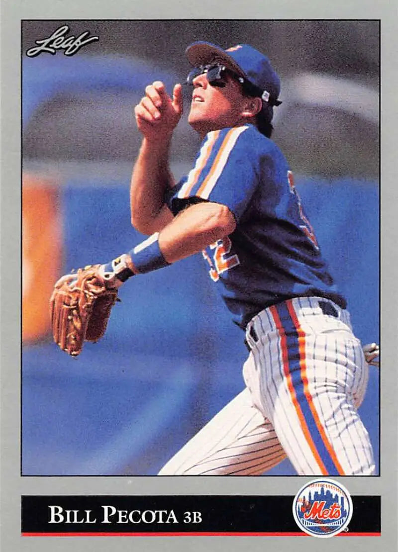 Bill Pecota fielding at third base in a blue pinstripe New York Mets baseball card
