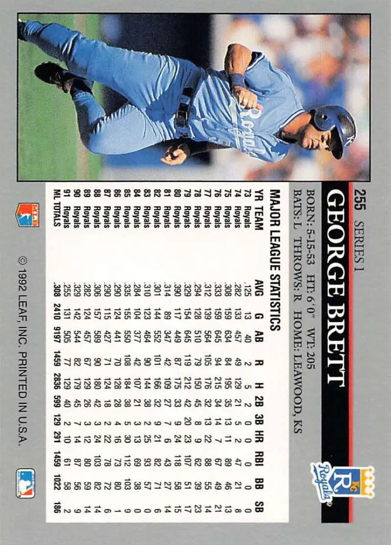 Baseball card featuring George Brett sliding into base for Kansas City Royals