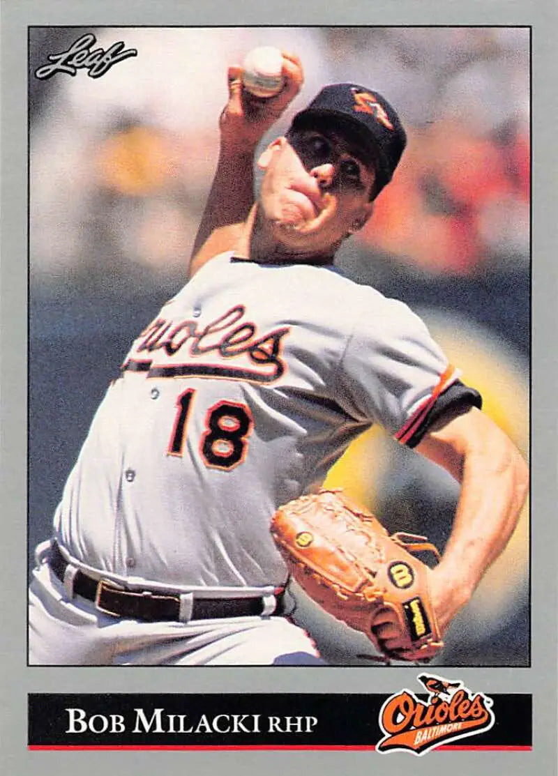 Baseball card of Bob Milacki, Baltimore Orioles pitcher in white uniform mid-delivery
