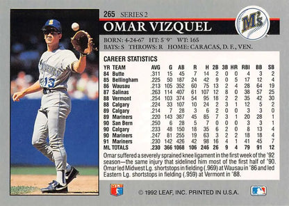 Omar Vizquel Seattle Mariners Baseball Card 1992 Leaf #265 NM-MT condition
