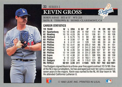 Baseball card of Kevin Gross in gray uniform showcasing career stats for collectors