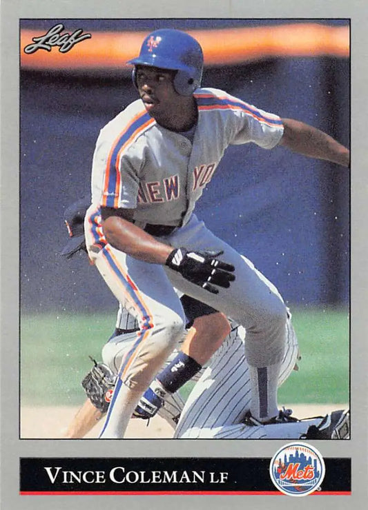 Vince Coleman in gray road uniform on 1992 Leaf New York Mets Baseball Card