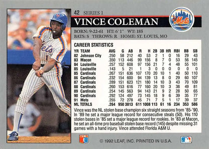 Vince Coleman batting on 1992 Leaf #42 New York Mets Baseball Card with stats