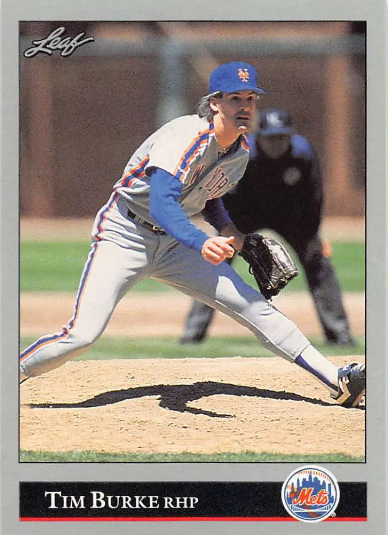 Tim Burke mid-delivery on 1992 Leaf New York Mets Baseball Card