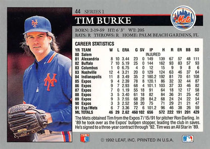 Tim Burke New York Mets baseball card showing player stats on the back