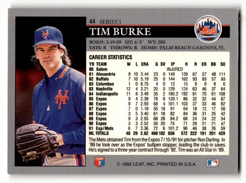 1992 Leaf #44 Tim Burke NM Near Mint Mets ID:60439 - Trading Cards