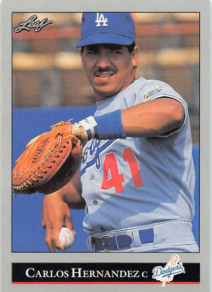 Baseball card of Carlos Hernandez in gray Los Angeles Dodgers uniform holding baseball