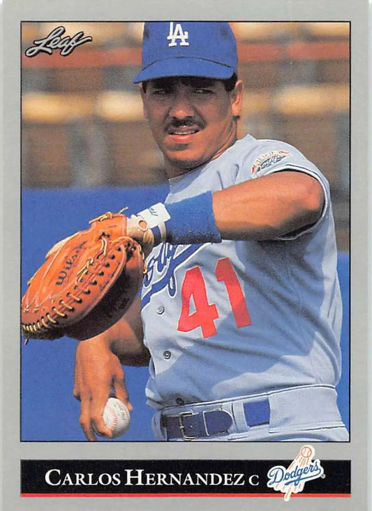 Baseball card of Carlos Hernandez in gray Los Angeles Dodgers uniform holding baseball