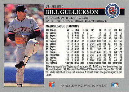 Baseball card of Detroit Tigers pitcher Bill Gullickson in mid-delivery gray uniform