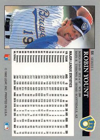 Baseball card of Robin Yount in pinstriped uniform for Milwaukee Brewers baseball