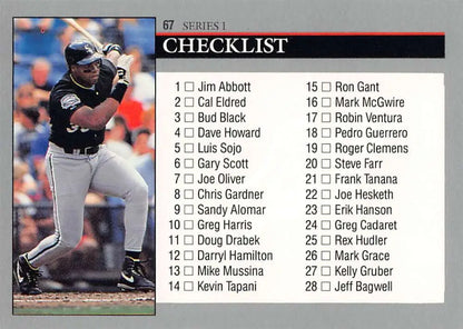 Baseball card checklist of Frank Thomas in dark White Sox uniform swinging bat