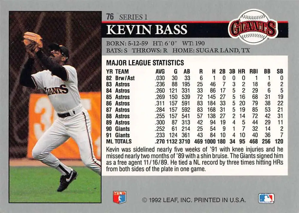 Kevin Bass San Francisco Giants baseball card displaying career statistics and info