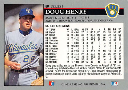 1992 Leaf Doug Henry Rookie Baseball Card featuring Milwaukee Brewers player stats