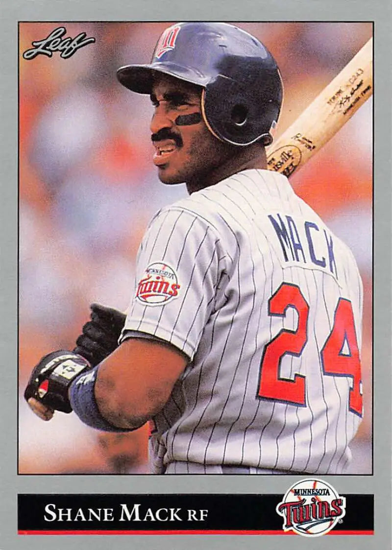 Shane Mack at bat in pinstriped uniform on 1992 Leaf Minnesota Twins Baseball Card
