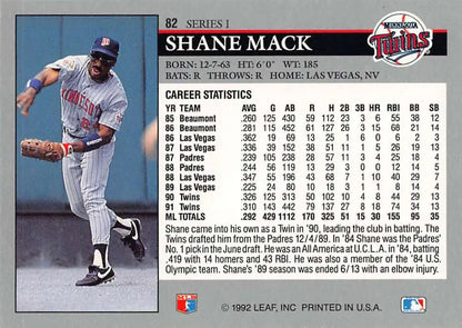 Baseball card of Shane Mack in action for the Minnesota Twins during a game