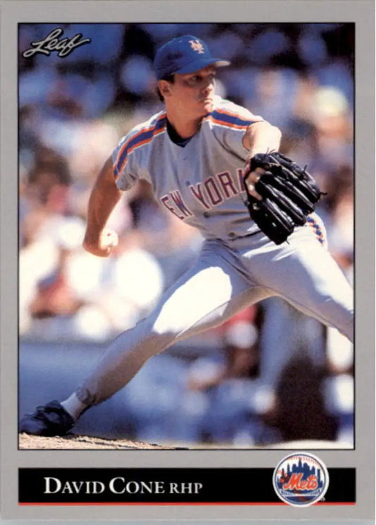 1992 Leaf #92 David Cone pitching in gray uniform on New York Mets baseball card
