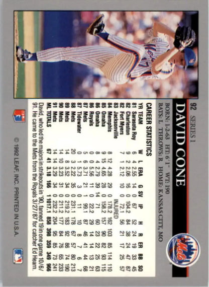 David Cone in mid-delivery wearing New York Mets uniform on 1992 Leaf baseball card