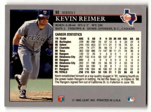 1992 Leaf #93 Kevin Reimer Texas Rangers baseball card with original gloss and EX/NM condition