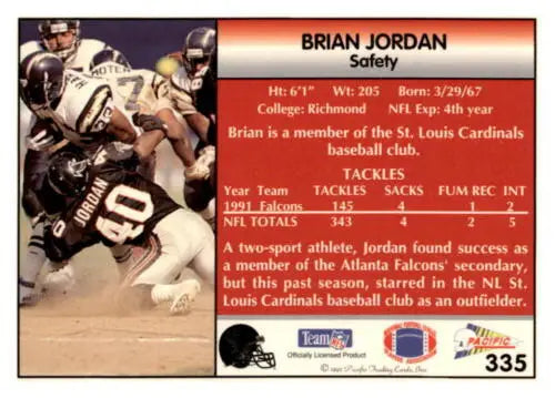 1992 Pacific #335 Brian Jordan trading card in original gloss, NM Falcons collectible