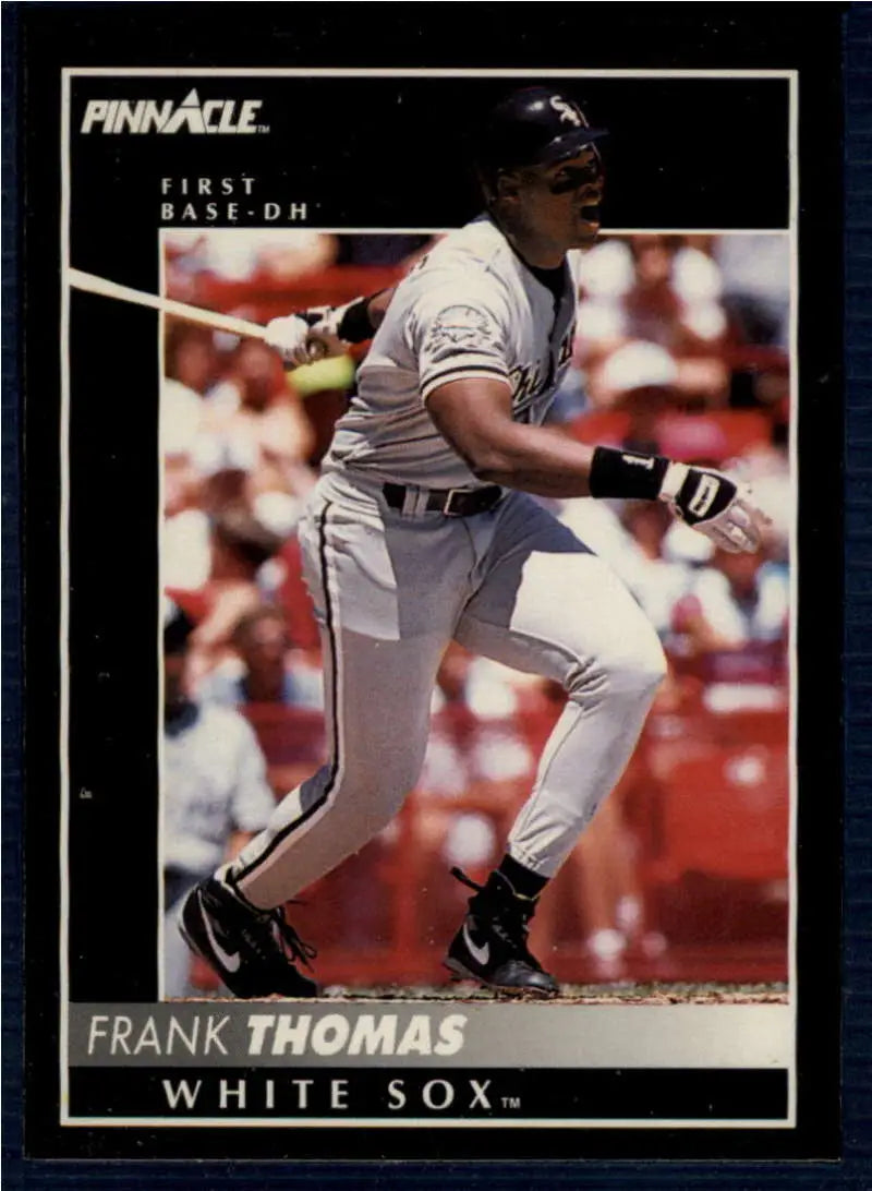 Frank Thomas batting on a 1992 Pinnacle Chicago White Sox baseball card