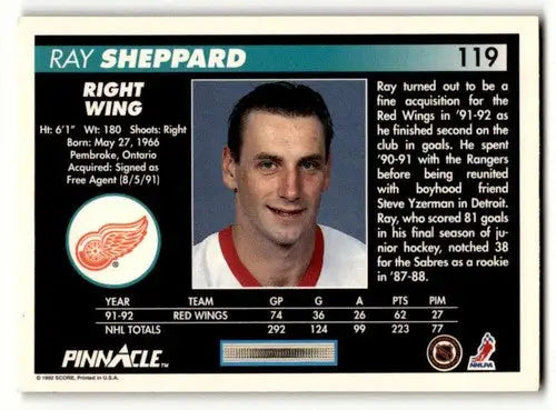 Original gloss Ray Sheppard Detroit hockey card from 1992 Pinnacle #119 featuring Sheppard Detroit Red Wings
