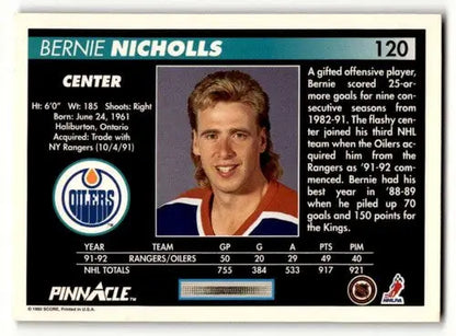 Bernie Nicholls Oilers hockey card from 1992 Pinnacle #120 featuring Oilers hockey cards