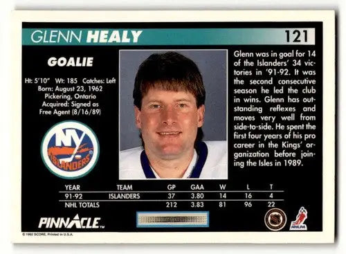 Original gloss Glenn Healy NY Islanders hockey card from 1992 Pinnacle #121