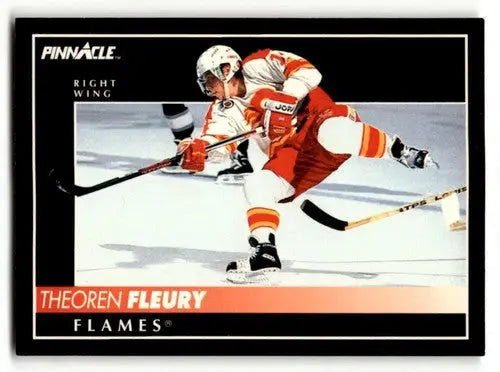 Original gloss 1992 Pinnacle Theoren Fleury Calgary Flames hockey card featuring Fleury Calgary Flames