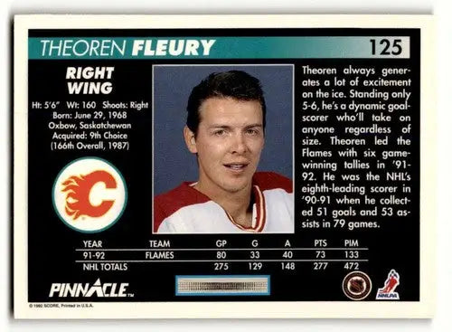 Theoren Fleury Flames hockey card from 1992 Pinnacle #125, Fleury Flames hockey collectible
