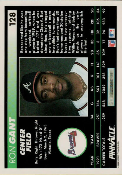 1992 Pinnacle Ron Gant Baseball Card featuring Atlanta Braves player from the 1990s