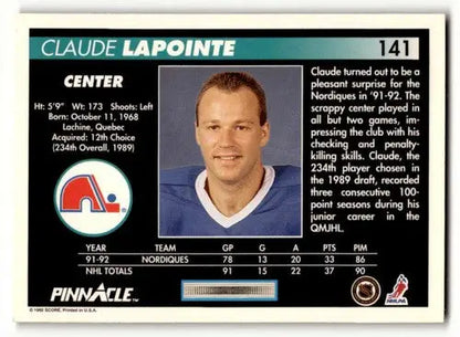 Claude Lapointe Nordiques hockey card with original gloss from 1992 Pinnacle collection