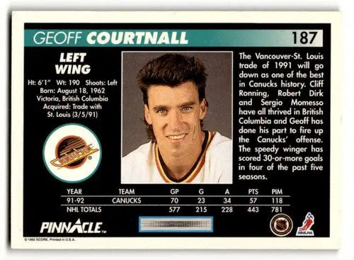 Original gloss 1992 Pinnacle Geoff Courtnall Vancouver Canucks hockey card image