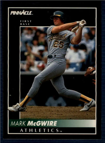 Mark McGwire swinging bat on 1992 Pinnacle #217 Oakland Athletics baseball card