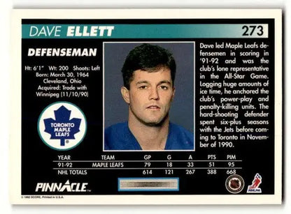 Original gloss 1992 Pinnacle Dave Ellett Maple Leafs hockey card showcasing Ellett Maple Leafs elegance