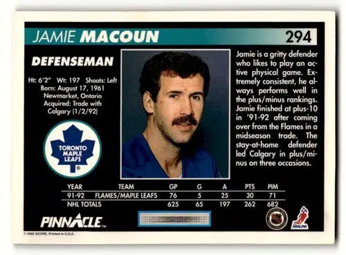 Original gloss 1992 Pinnacle Jamie Macoun Maple Leafs hockey card showcasing Macoun Maple Leafs