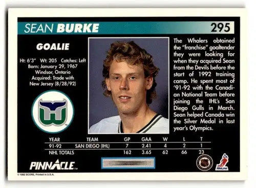 Sean Burke Hartford hockey card from 1992 Pinnacle #295 Hartford Whalers hockey card