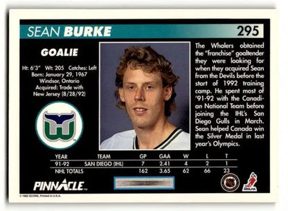Sean Burke Hartford hockey card from 1992 Pinnacle #295 Hartford Whalers hockey card