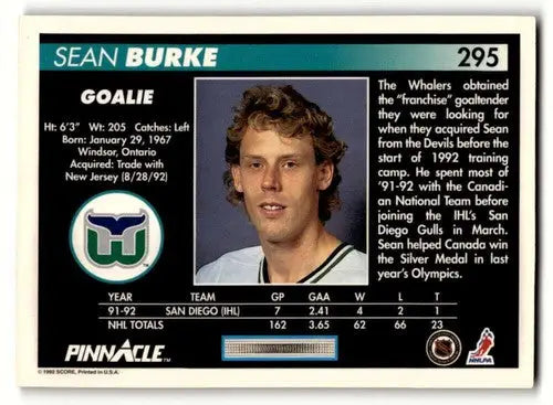 Original gloss Sean Burke Whalers hockey card from 1992 Pinnacle #295 Burke Whalers hockey
