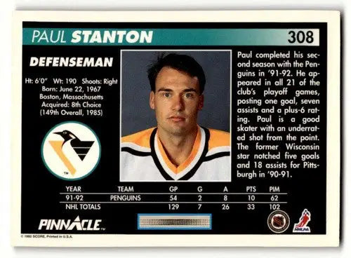 1992 Pinnacle Paul Stanton Penguins hockey card showing Stanton Penguins hockey player