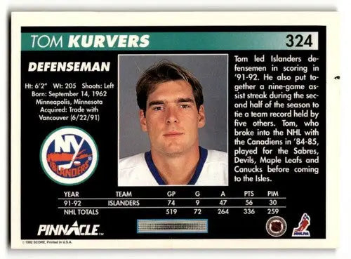 Tom Kurvers Islanders hockey card with original gloss from 1992 Pinnacle #324