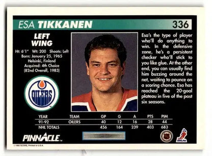 Esa Tikkanen Edmonton hockey card from 1992 Pinnacle with original gloss, Edmonton Oilers collectible