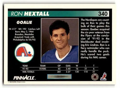 Ron Hextall Quebec hockey card from 1992 Pinnacle Quebec Nordiques series