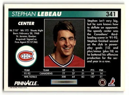 Original gloss Stephan Lebeau Montreal Canadiens hockey card 1992 Pinnacle #341