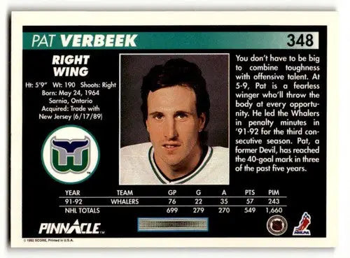 Original gloss Pat Verbeek Hartford hockey card from 1992 Pinnacle Hartford Whalers