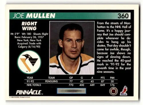 Original gloss 1992 Pinnacle Joe Mullen Penguins hockey card with Mullen Penguins hockey design