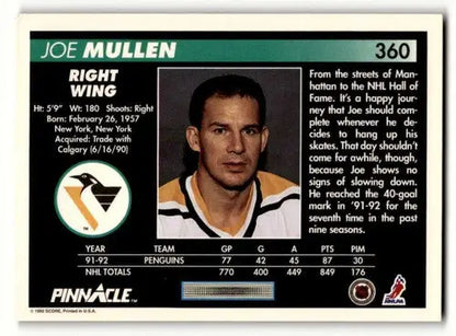 Original gloss 1992 Pinnacle Joe Mullen Penguins hockey card with Mullen Penguins hockey design